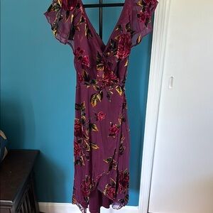 Lulu's Pink and Red V-Neck Flutter Sleeve Sundress